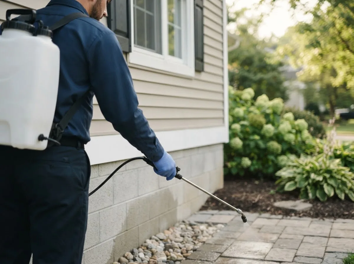 Pest control technician inspecting a home in Whitten, IA